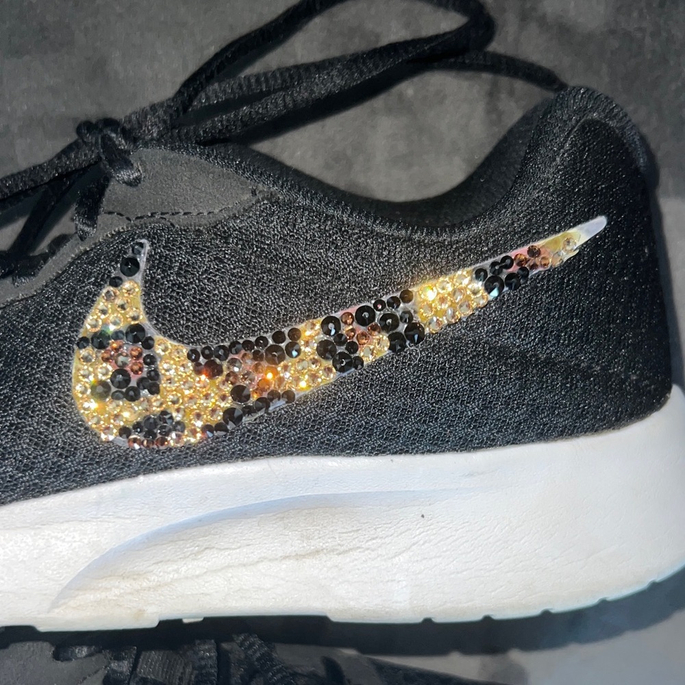Rhinestone Nike Tanjun Black Sneakers with Animal Print Swoosh - Picture 4 of 10